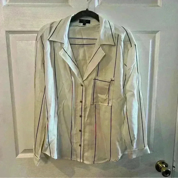 Velvet Heart Tops - Velvet Heart Women’s White Black Stripe Linen Blend Button Down Shirt Medium